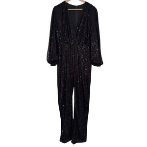 Black Sequin V-Neck Wide Leg Jumpsuit Party‎ Cocktail Evening Glam